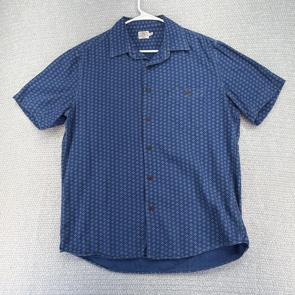 Faherty Shirt Mens Medium Blue Geometric Playa  Button Up Short Sleeve Camp